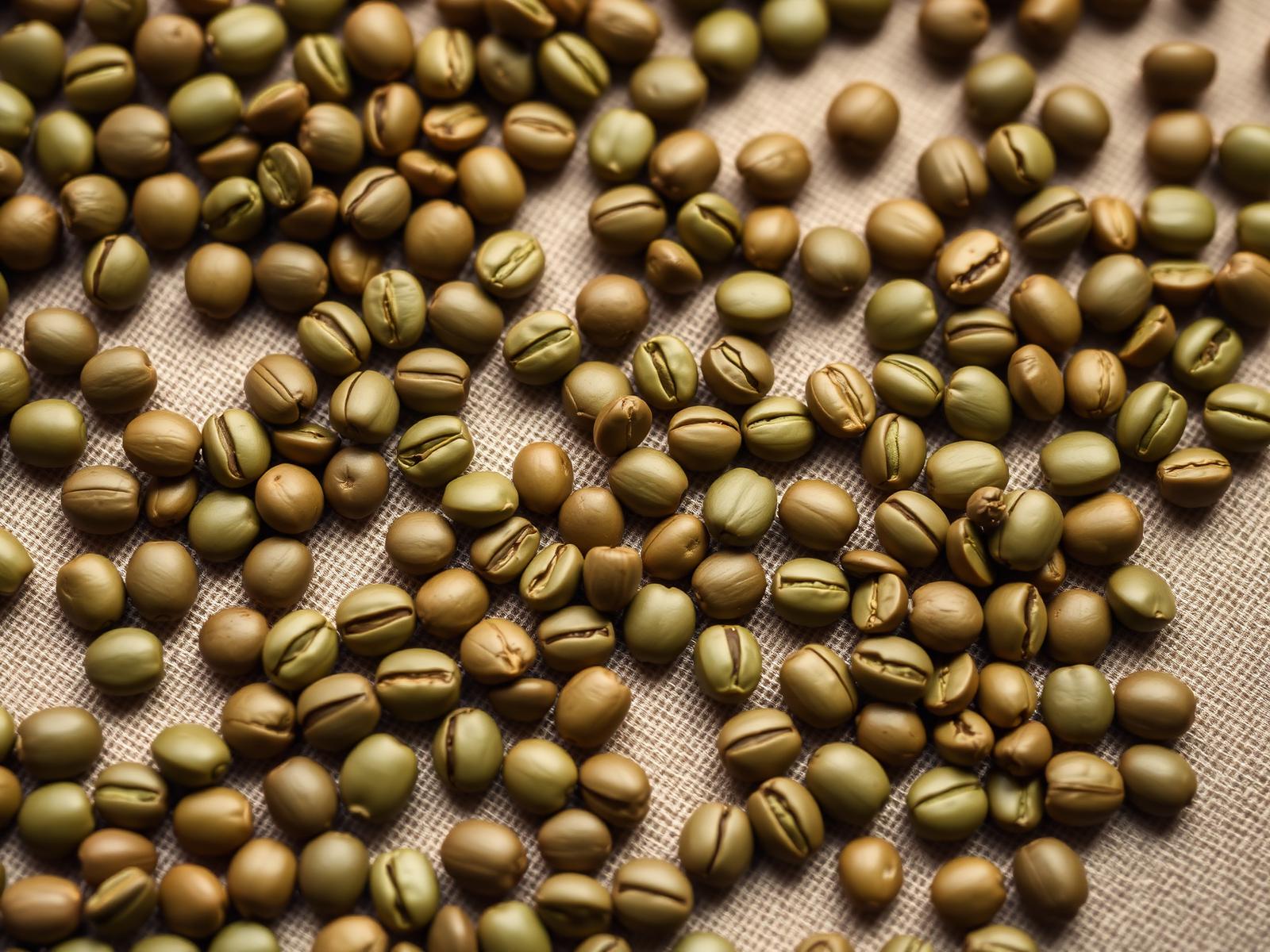 Overhead macro of Kenyan green coffee beans sorted by screen size