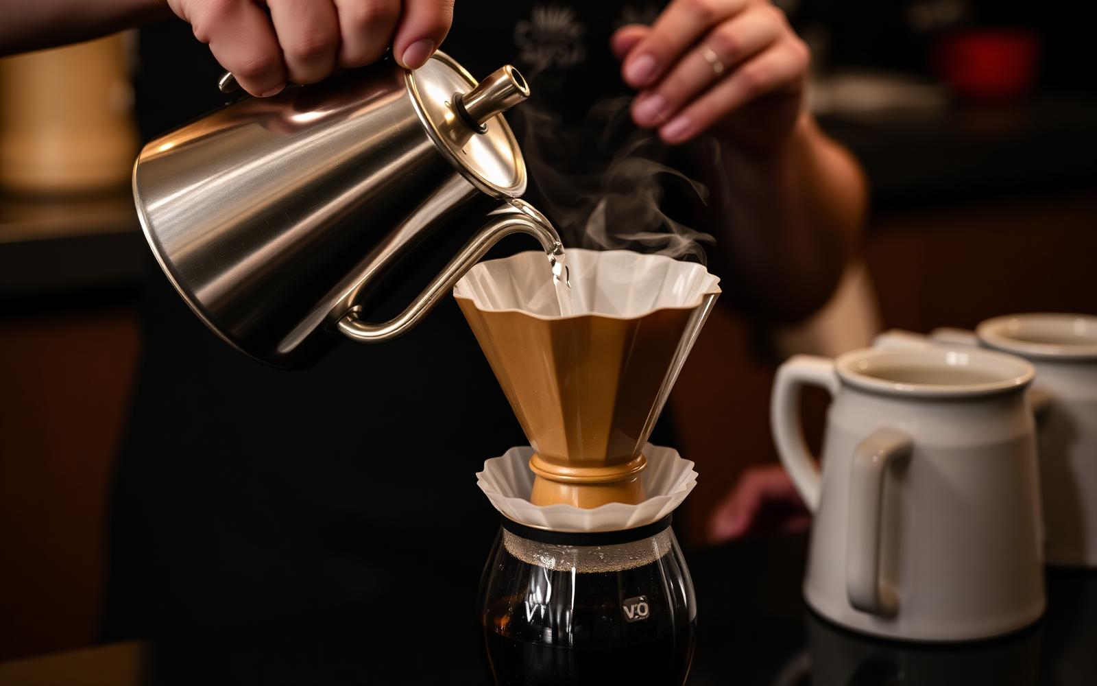 Barista pouring water over a V60 dripper
